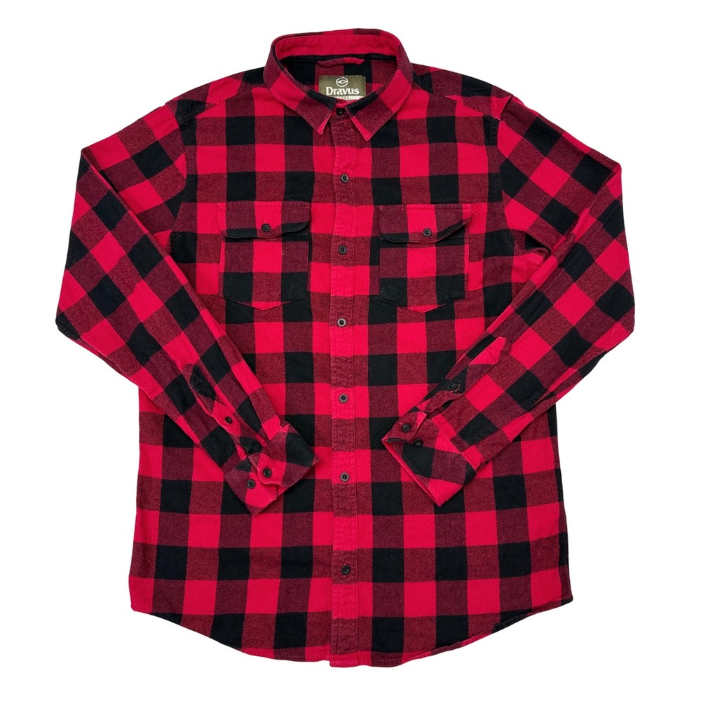 Dravus Flannel Shirt Mens Size Large Red Black Buffalo Plaid Button Up Workwear